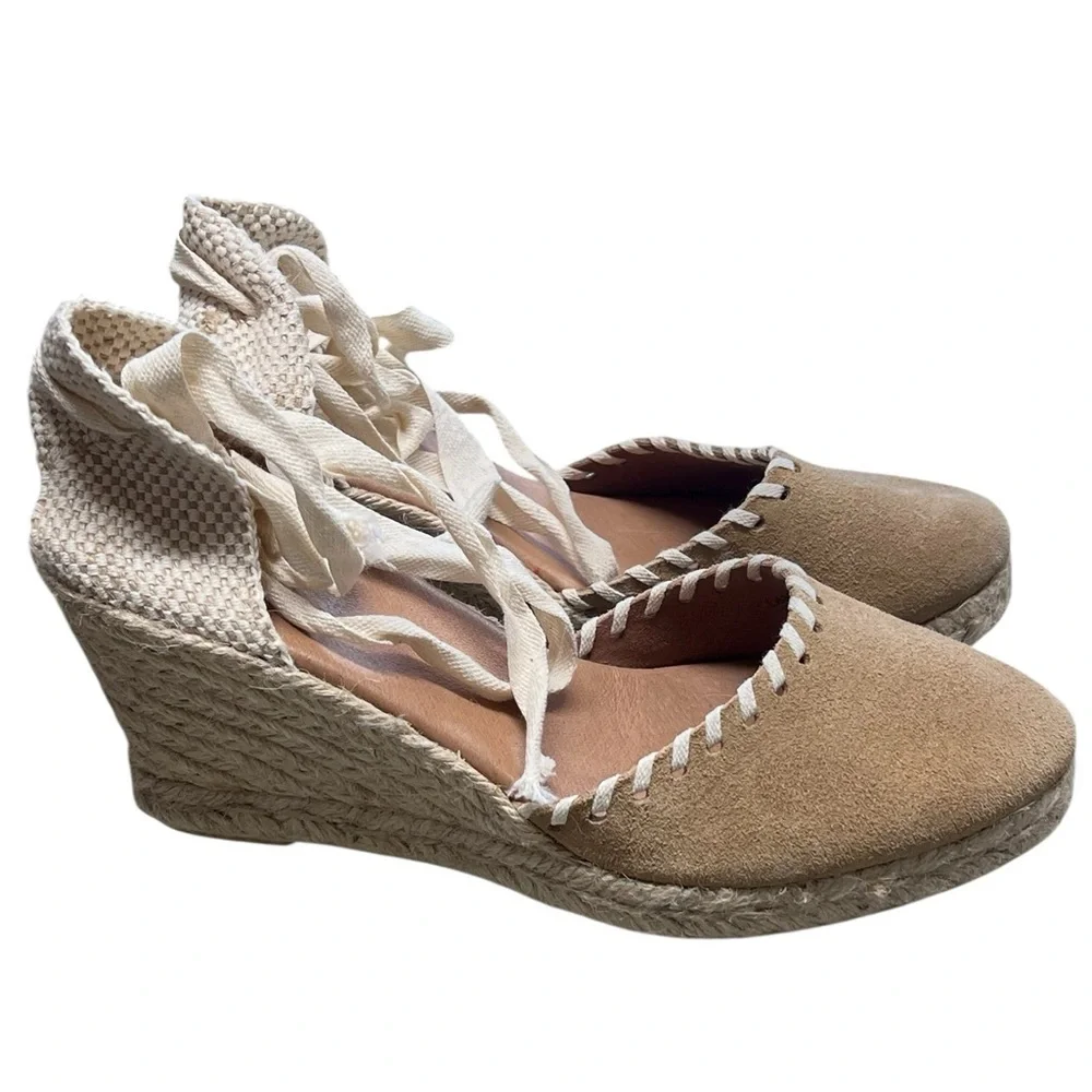 Picon tan taupe suede lace up espadrille wedges Made in Spain